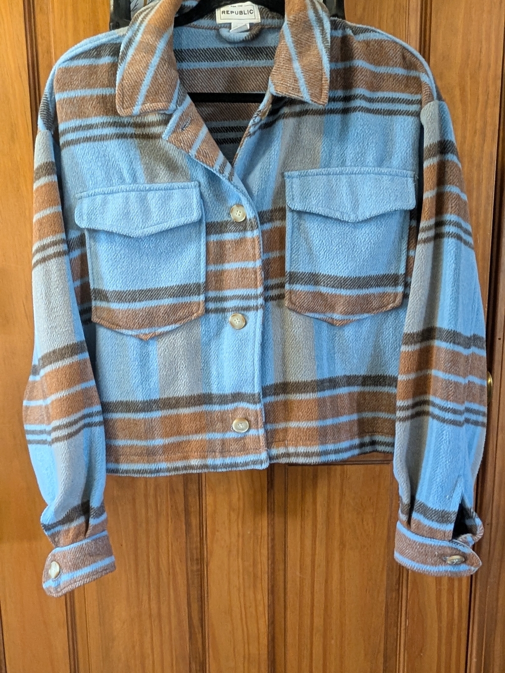 For The Republic Light Blue & Brown Plaid Button Jacket